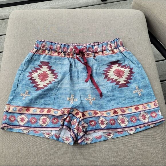 High Waist Southwestern Print Drawstring Waist Easy Summer Short Medium - Picture 2 of 8
